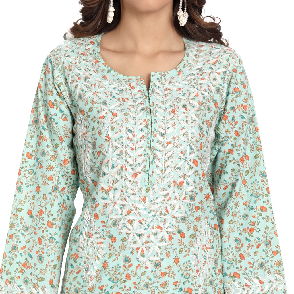 Lucknow Chikankari Hand Embroidered Long Kurta Cotton - Indiankala4u