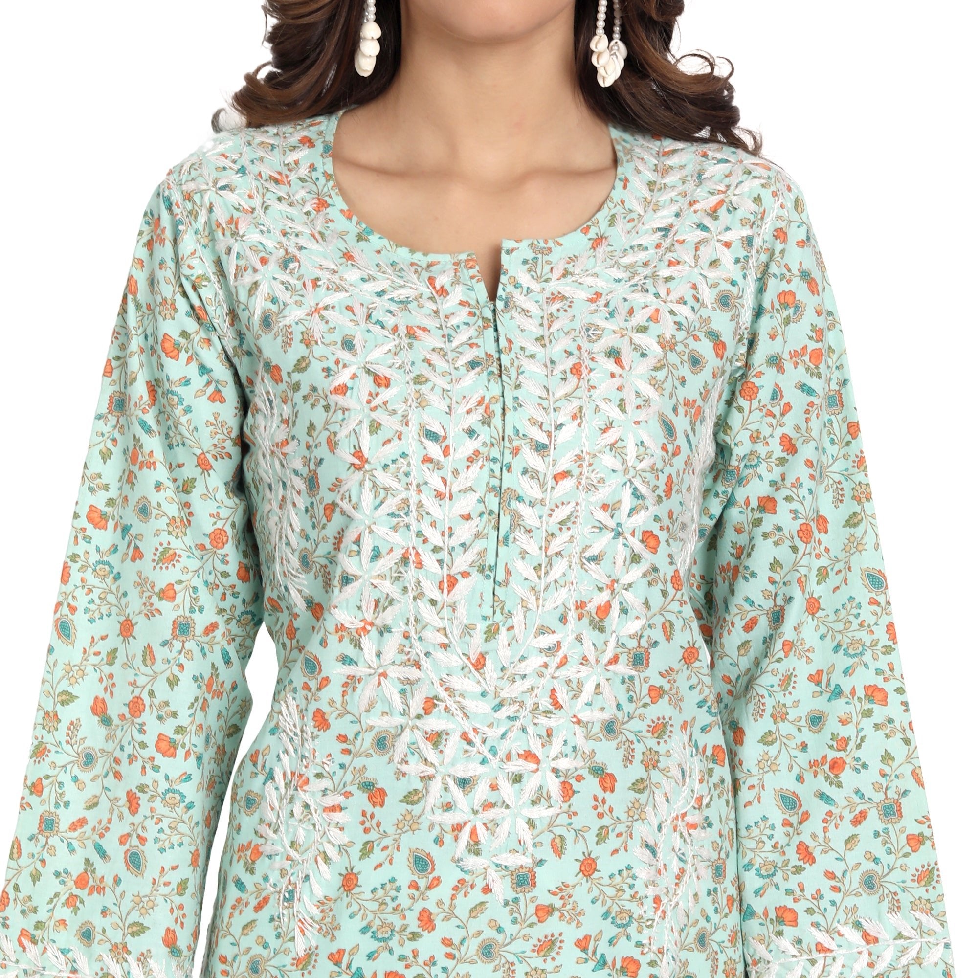 Lucknow Chikankari Hand Embroidered Long Kurta Cotton - Indiankala4u