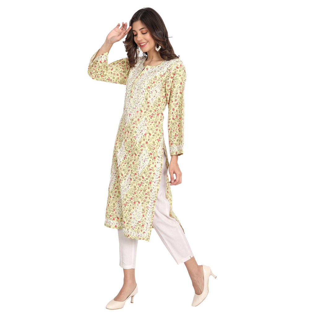 Lucknow Chikankari Hand Embroidered Long Kurta Cotton - Indiankala4u