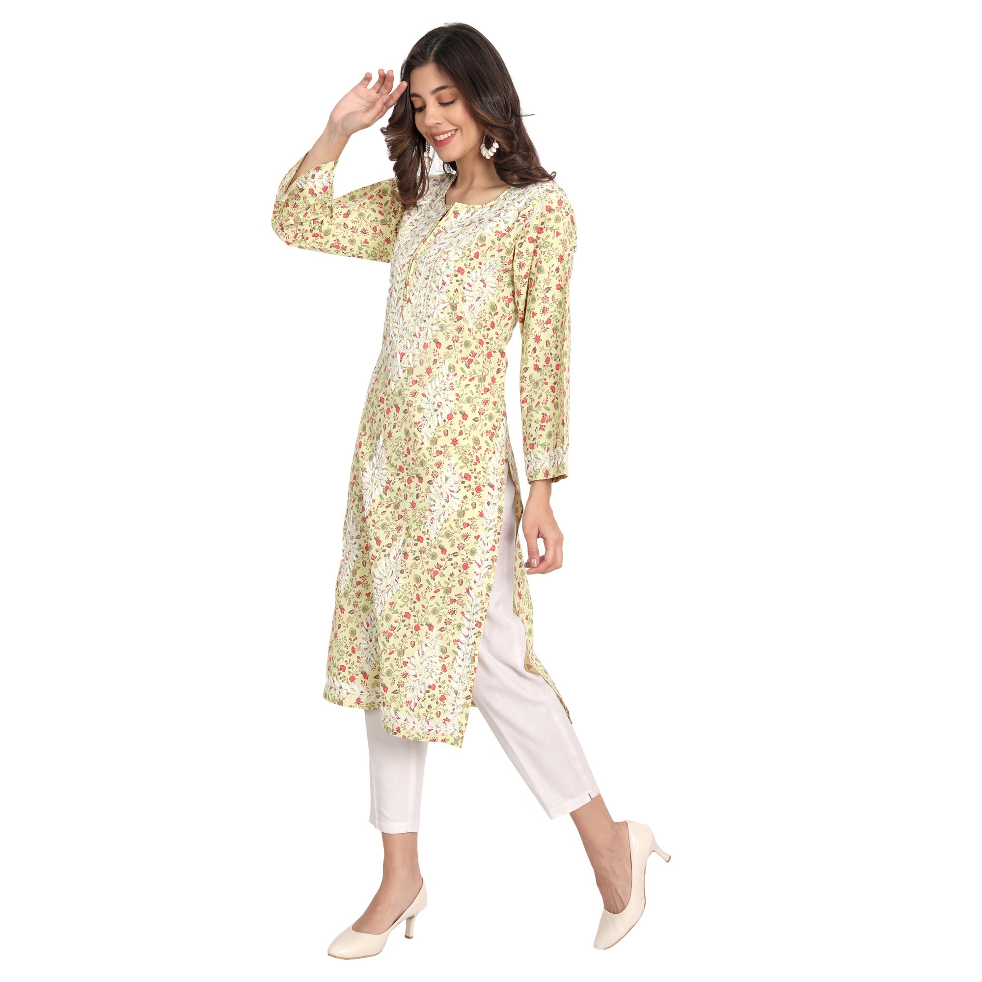 Lucknow Chikankari Hand Embroidered Long Kurta Cotton - Indiankala4u