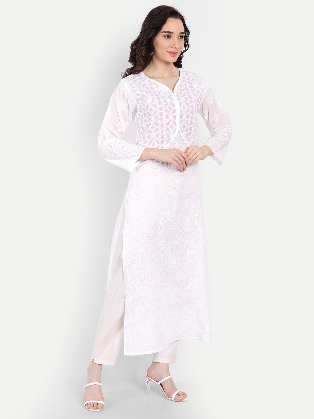 Lucknow Chikankari Hand Embroidered Long Kurta Cotton - Indiankala4u