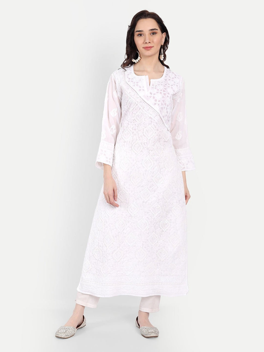 Lucknow Chikankari Hand Embroidered Long Kurta Cotton - Indiankala4u