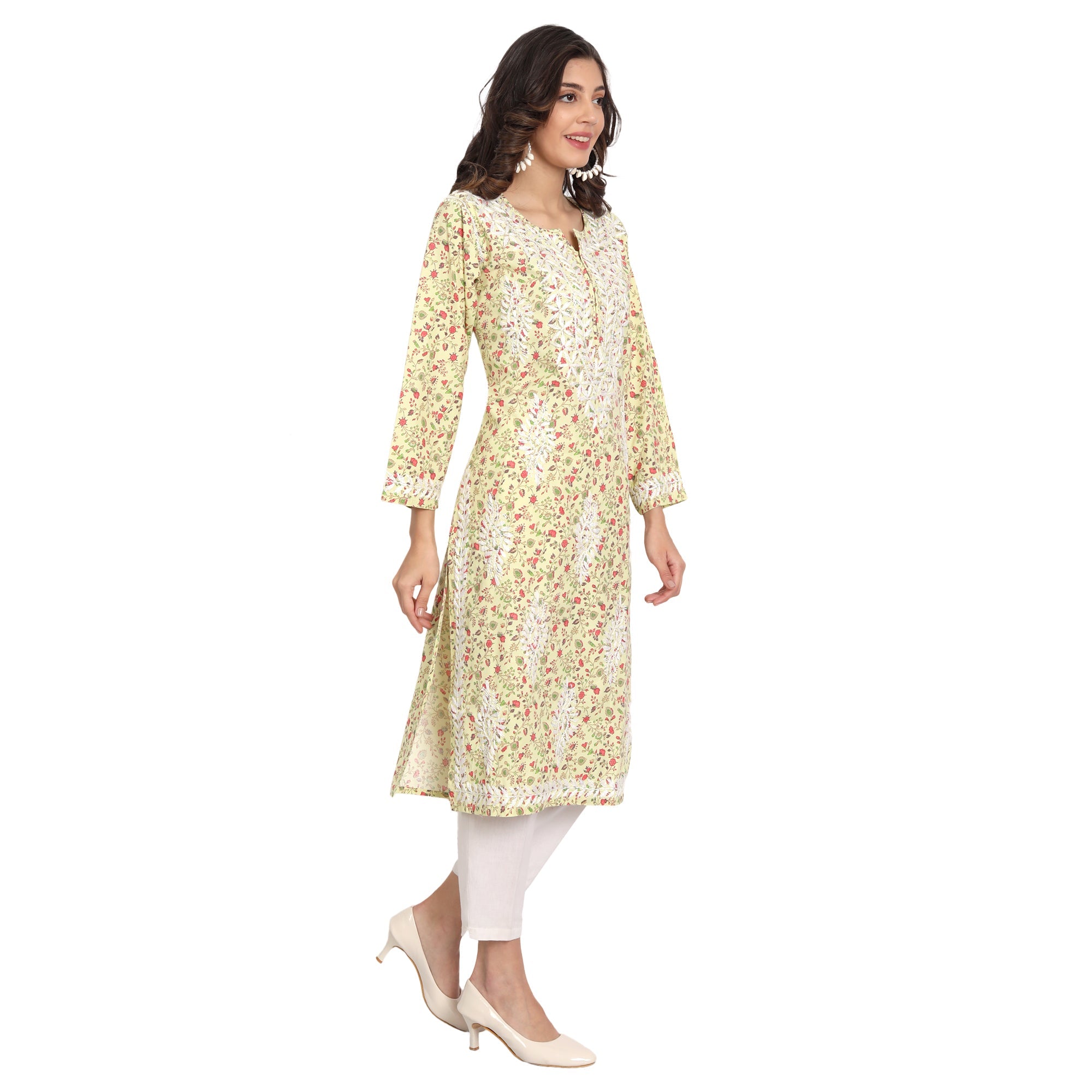 Lucknow Chikankari Hand Embroidered Long Kurta Cotton - Indiankala4u