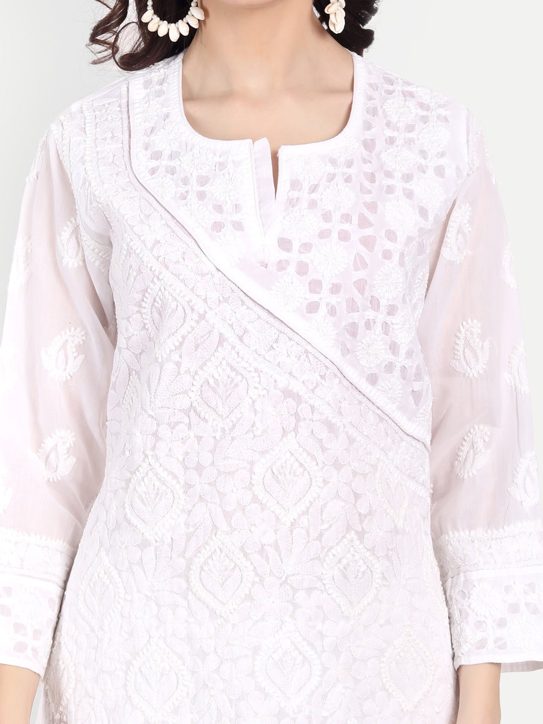 Lucknow Chikankari Hand Embroidered Long Kurta Cotton - Indiankala4u