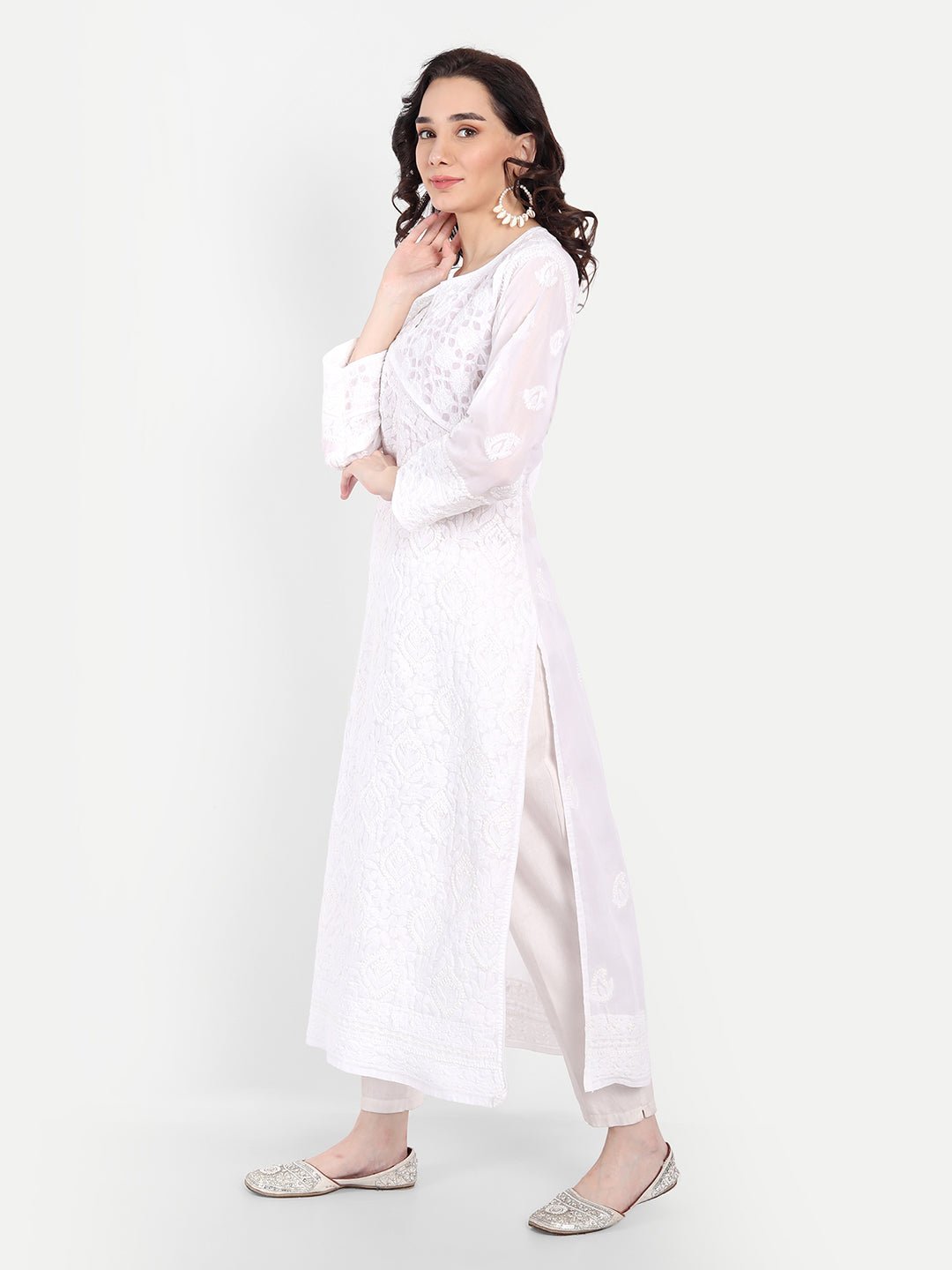 Lucknow Chikankari Hand Embroidered Long Kurta Cotton - Indiankala4u