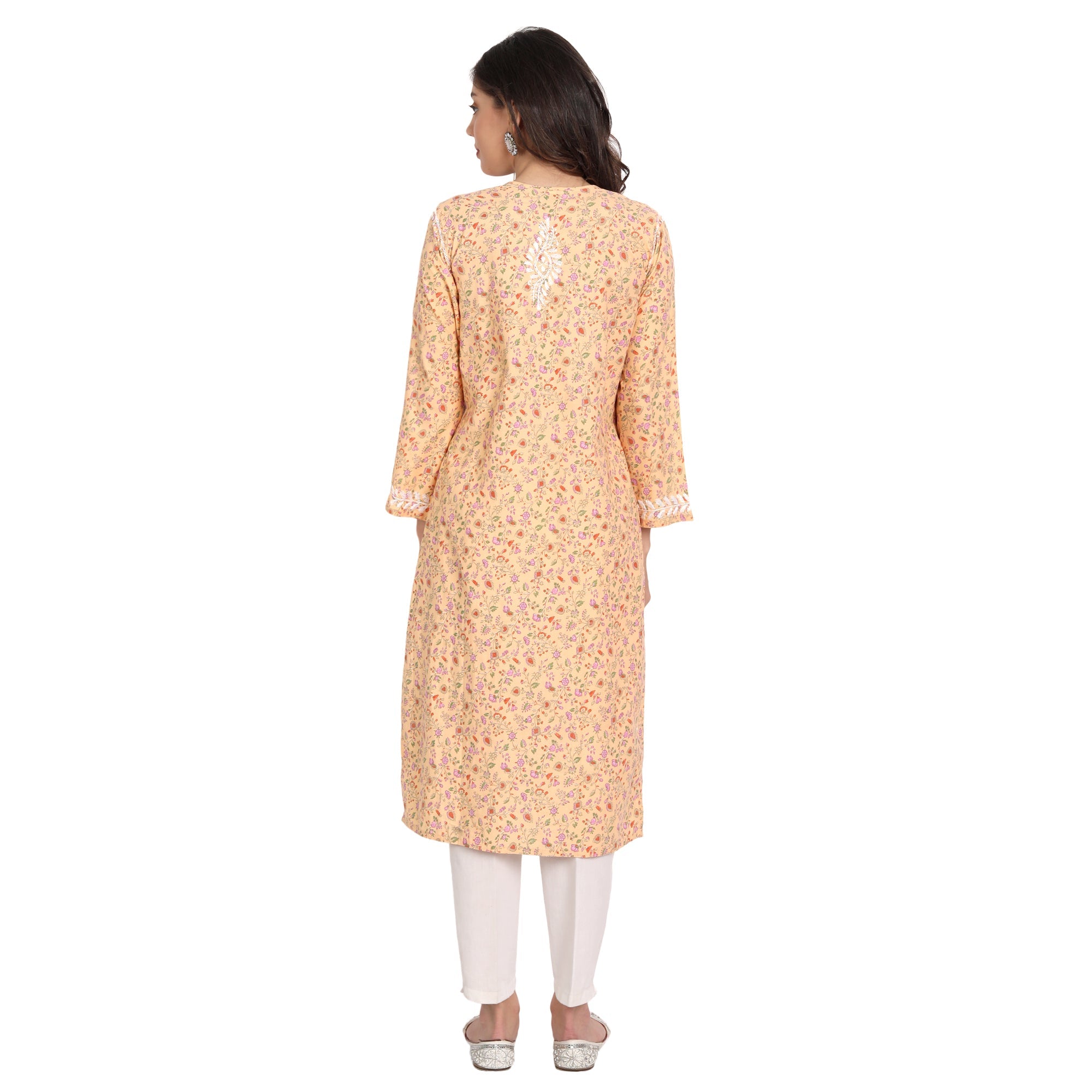 Lucknow Chikankari Hand Embroidered Long Kurta Cotton - Indiankala4u