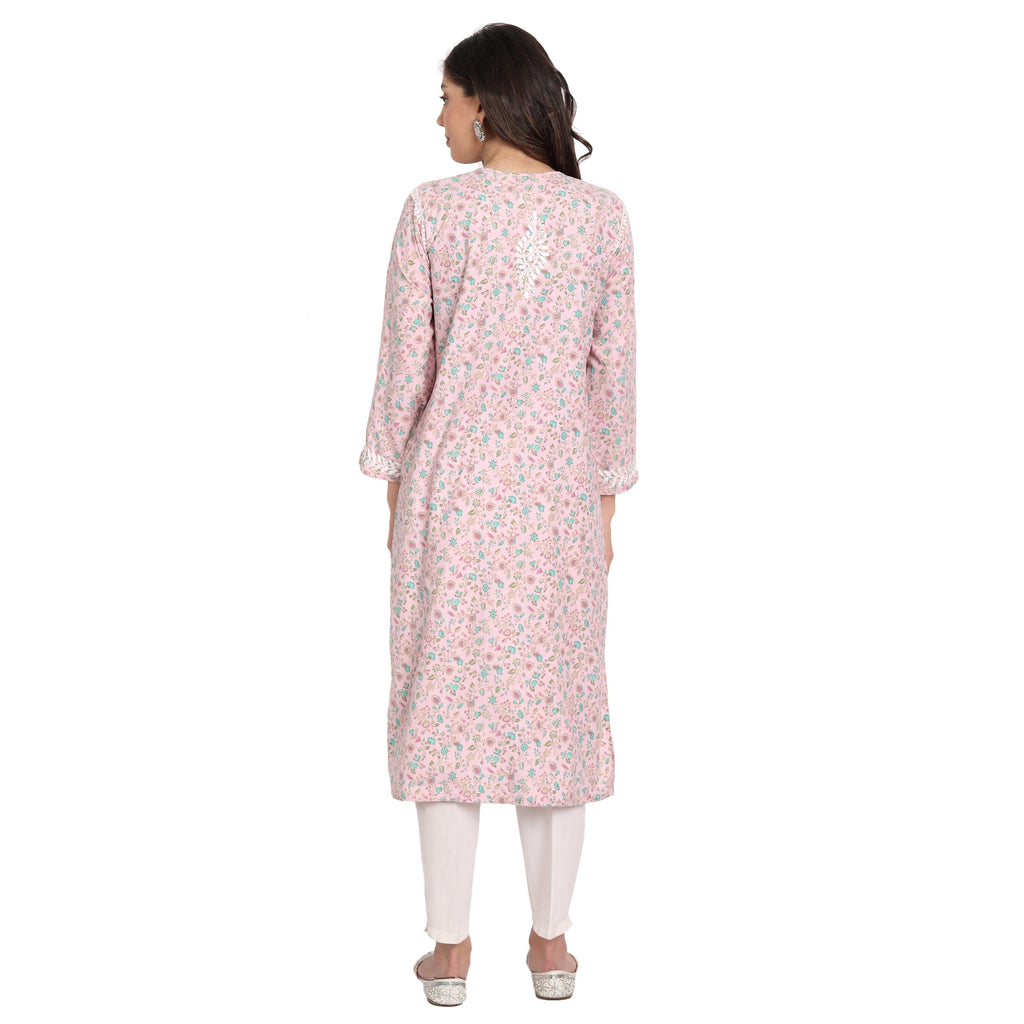 Lucknow Chikankari Hand Embroidered Long Kurta Cotton - Indiankala4u