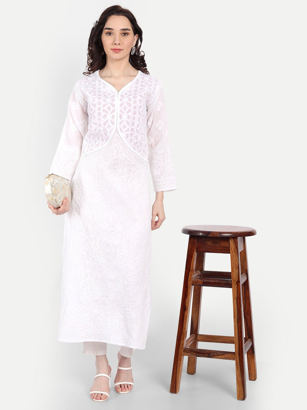 Lucknow Chikankari Hand Embroidered Long Kurta Cotton - Indiankala4u