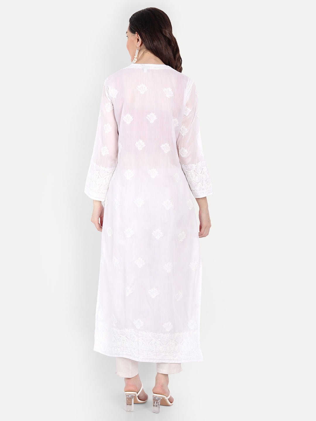 Lucknow Chikankari Hand Embroidered Long Kurta Cotton - Indiankala4u