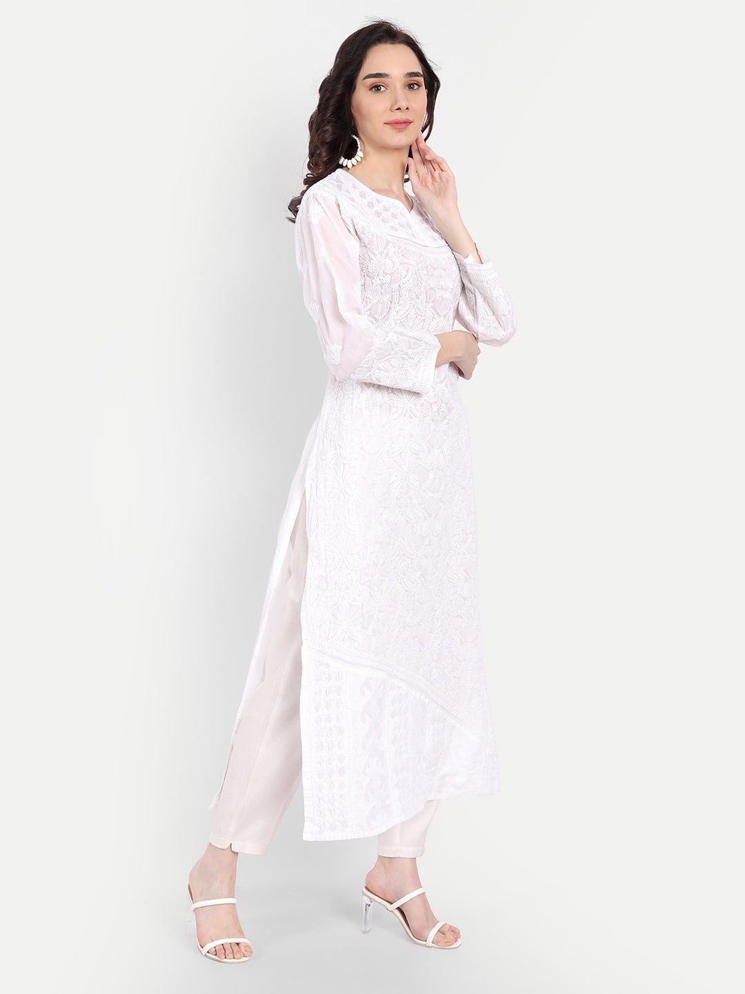 Lucknow Chikankari Hand Embroidered Long Kurta Cotton - Indiankala4u