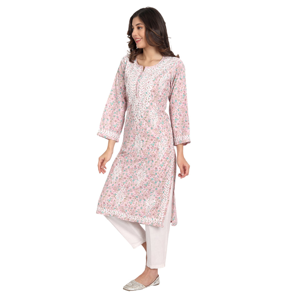 Lucknow Chikankari Hand Embroidered Long Kurta Cotton - Indiankala4u