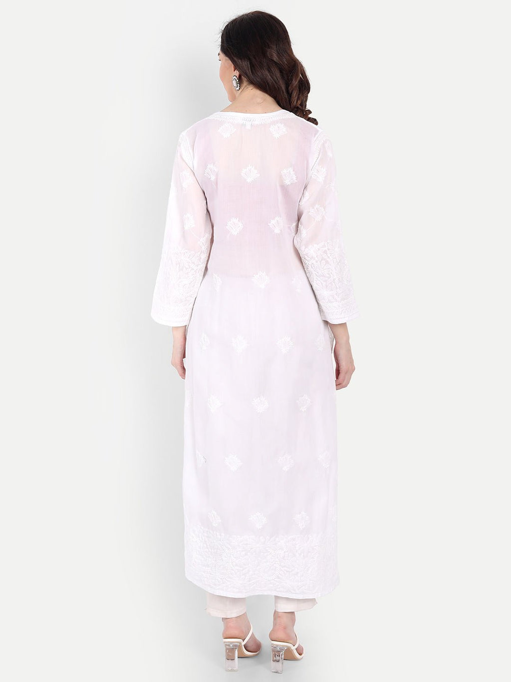 Lucknow Chikankari Hand Embroidered Long Kurta Cotton - Indiankala4u