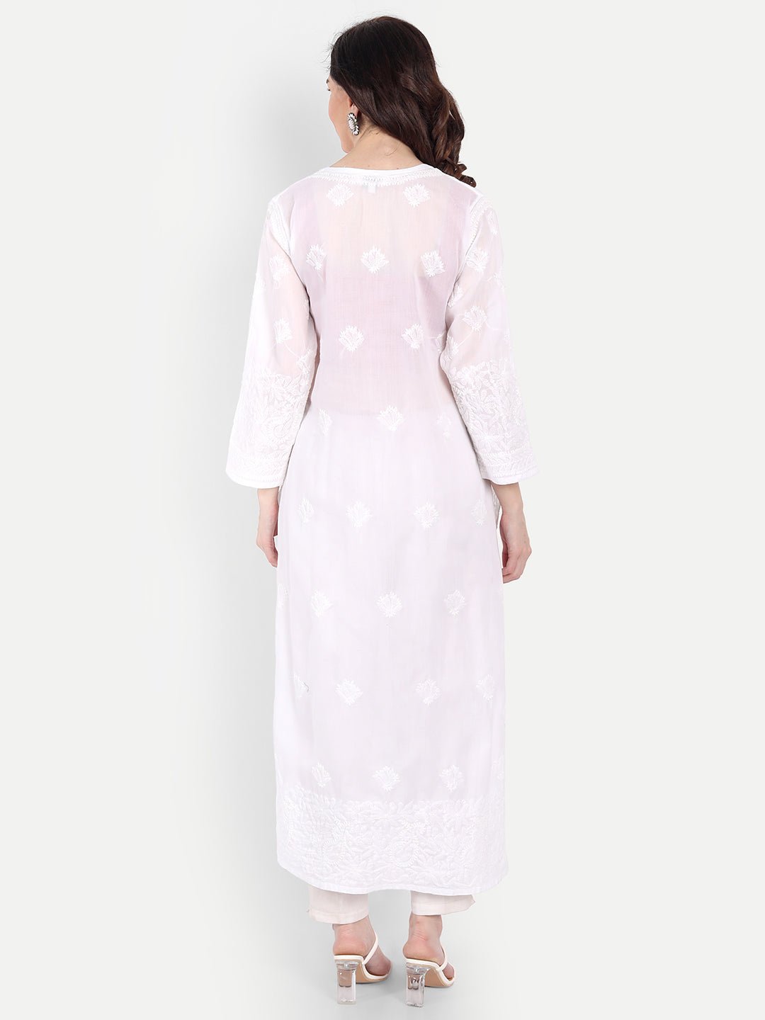 Lucknow Chikankari Hand Embroidered Long Kurta Cotton - Indiankala4u