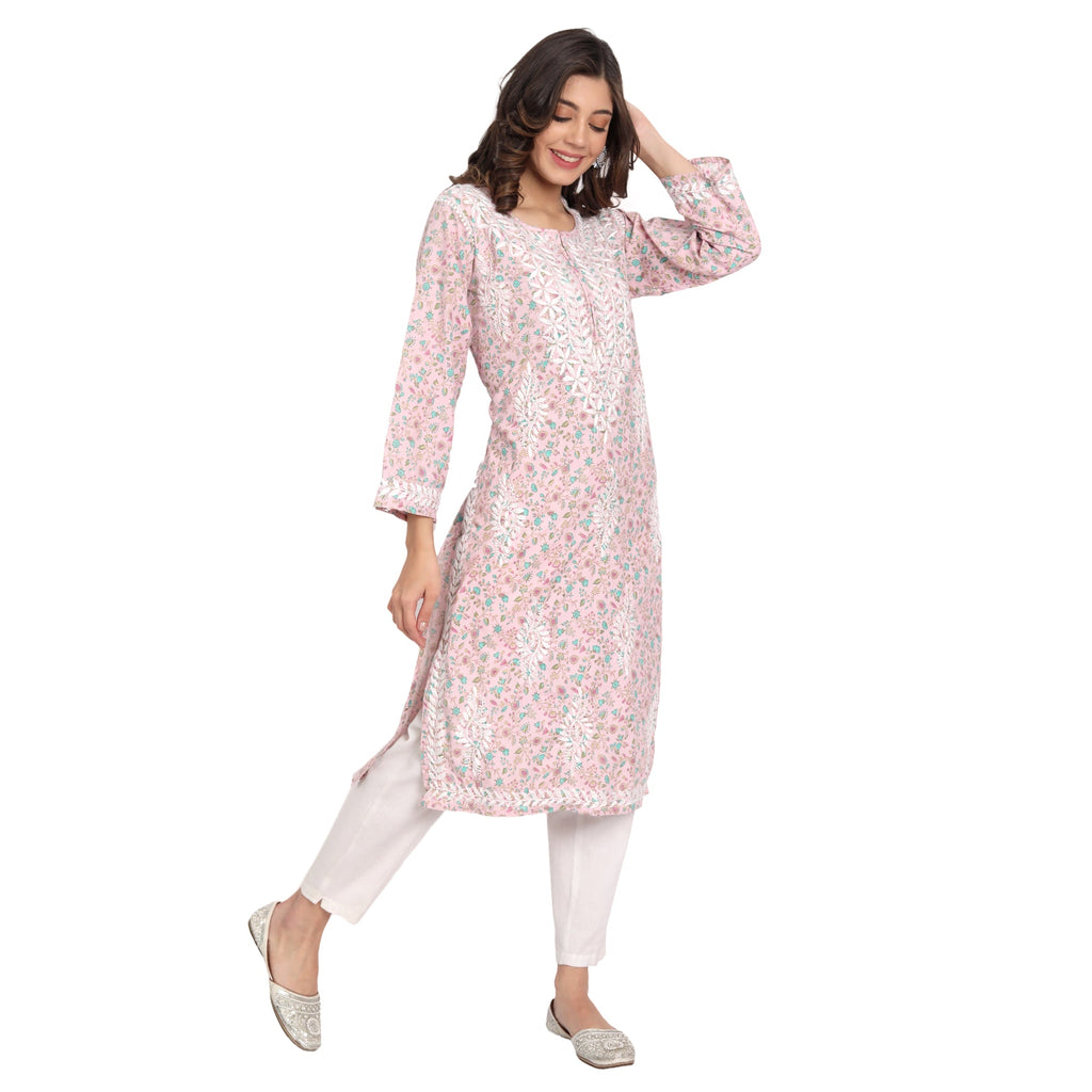 Lucknow Chikankari Hand Embroidered Long Kurta Cotton - Indiankala4u