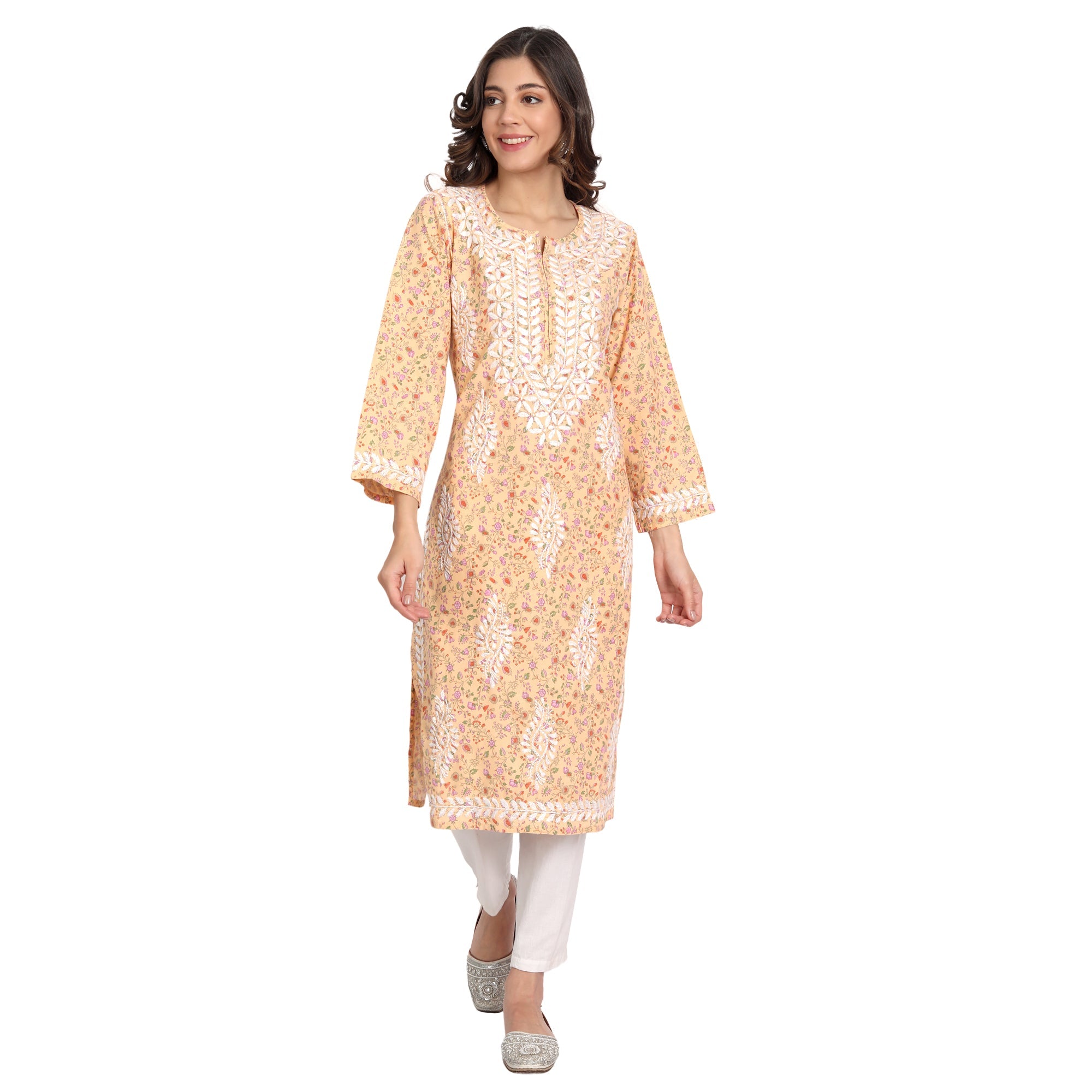 Lucknow Chikankari Hand Embroidered Long Kurta Cotton - Indiankala4u
