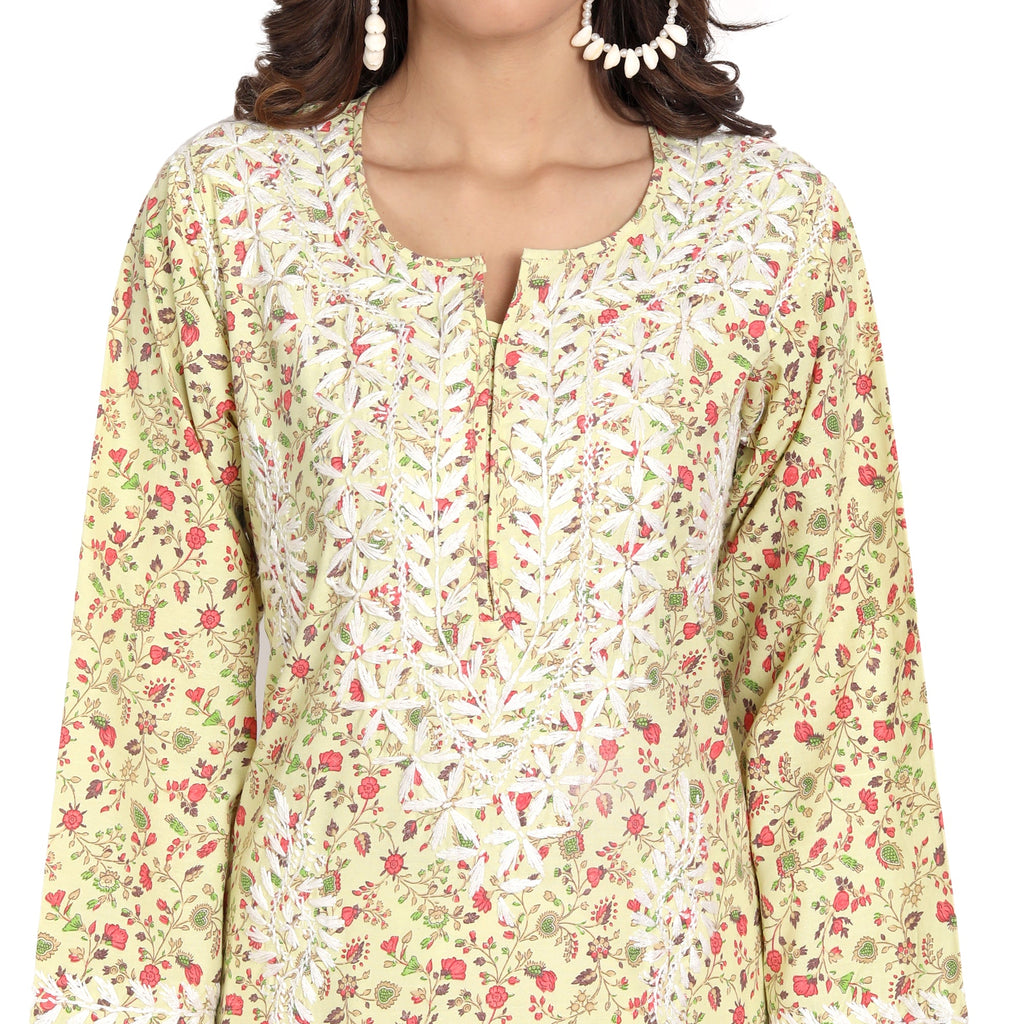 Lucknow Chikankari Hand Embroidered Long Kurta Cotton - Indiankala4u