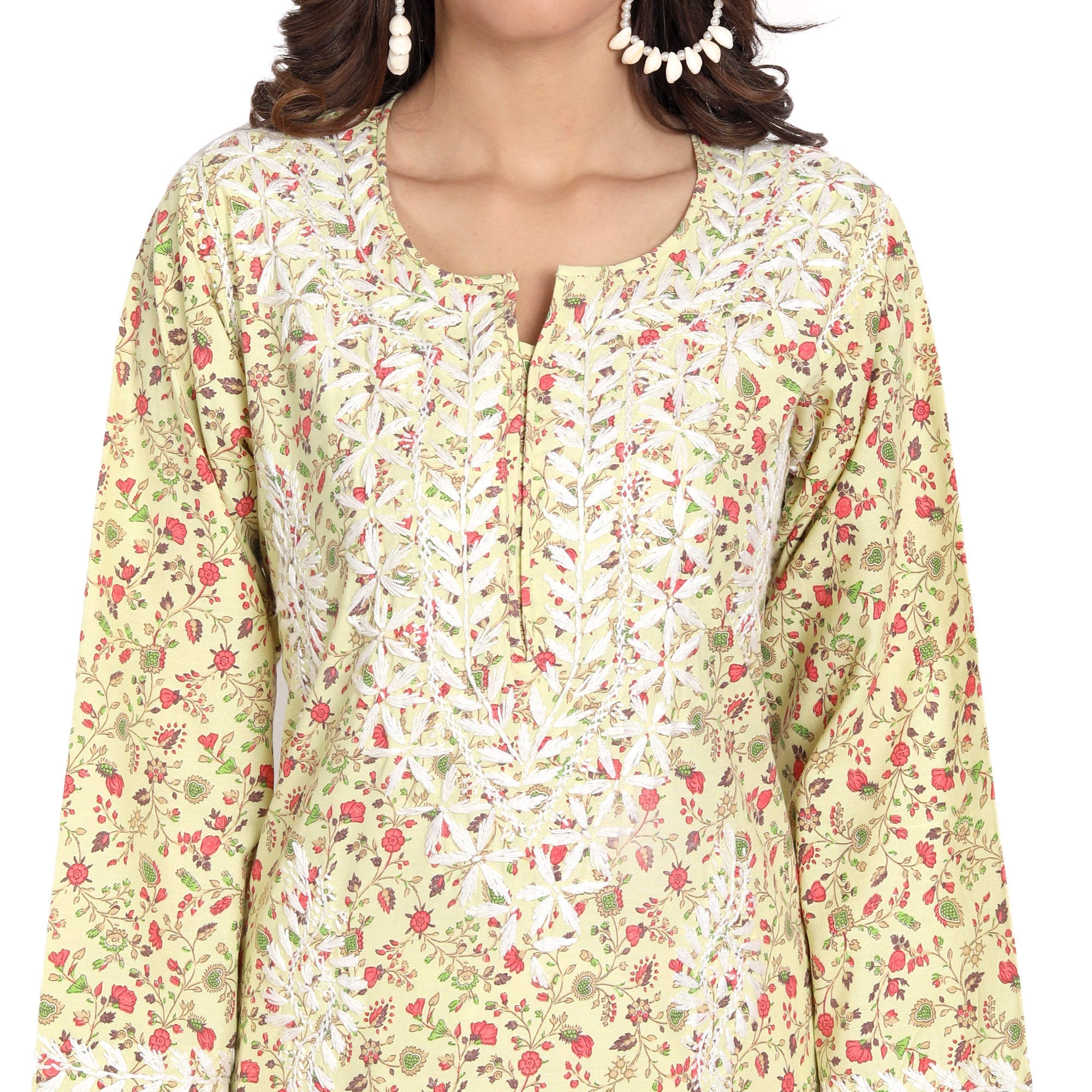 Lucknow Chikankari Hand Embroidered Long Kurta Cotton - Indiankala4u