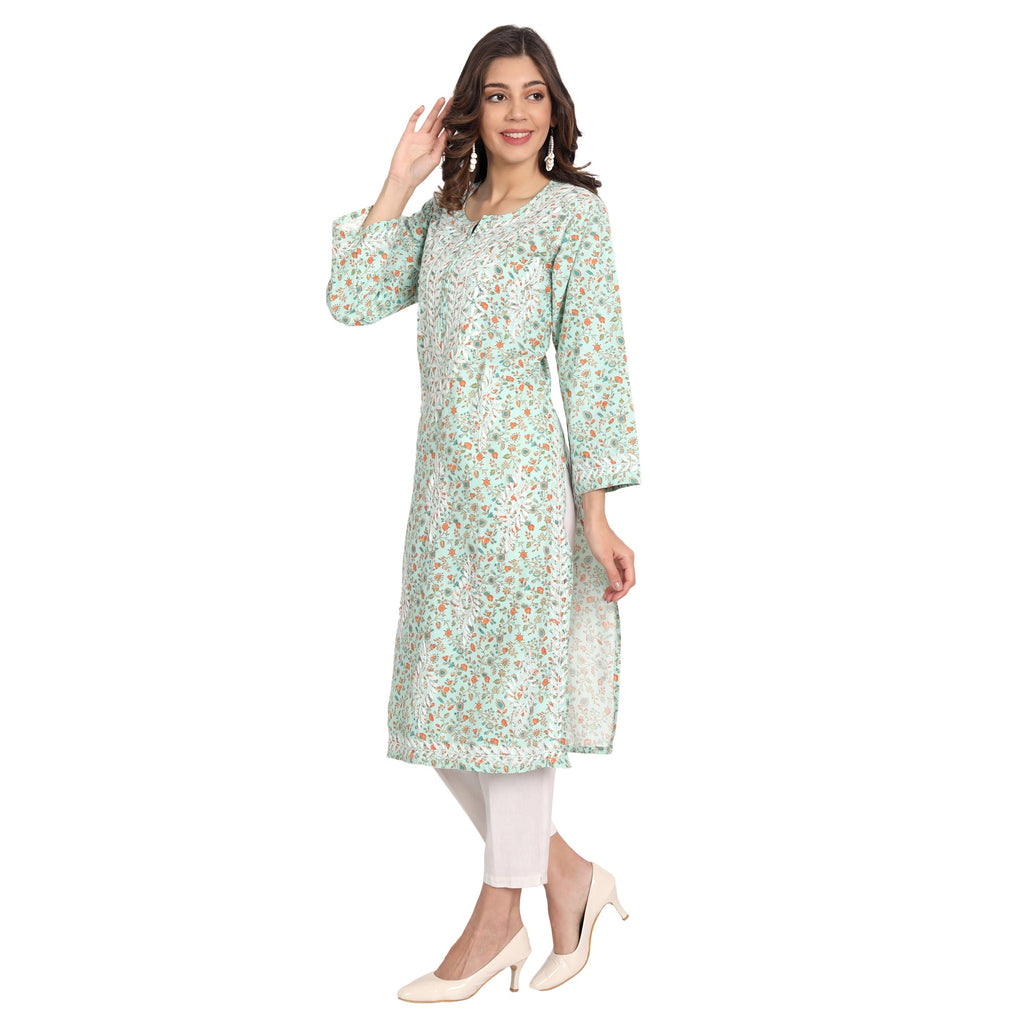 Lucknow Chikankari Hand Embroidered Long Kurta Cotton - Indiankala4u