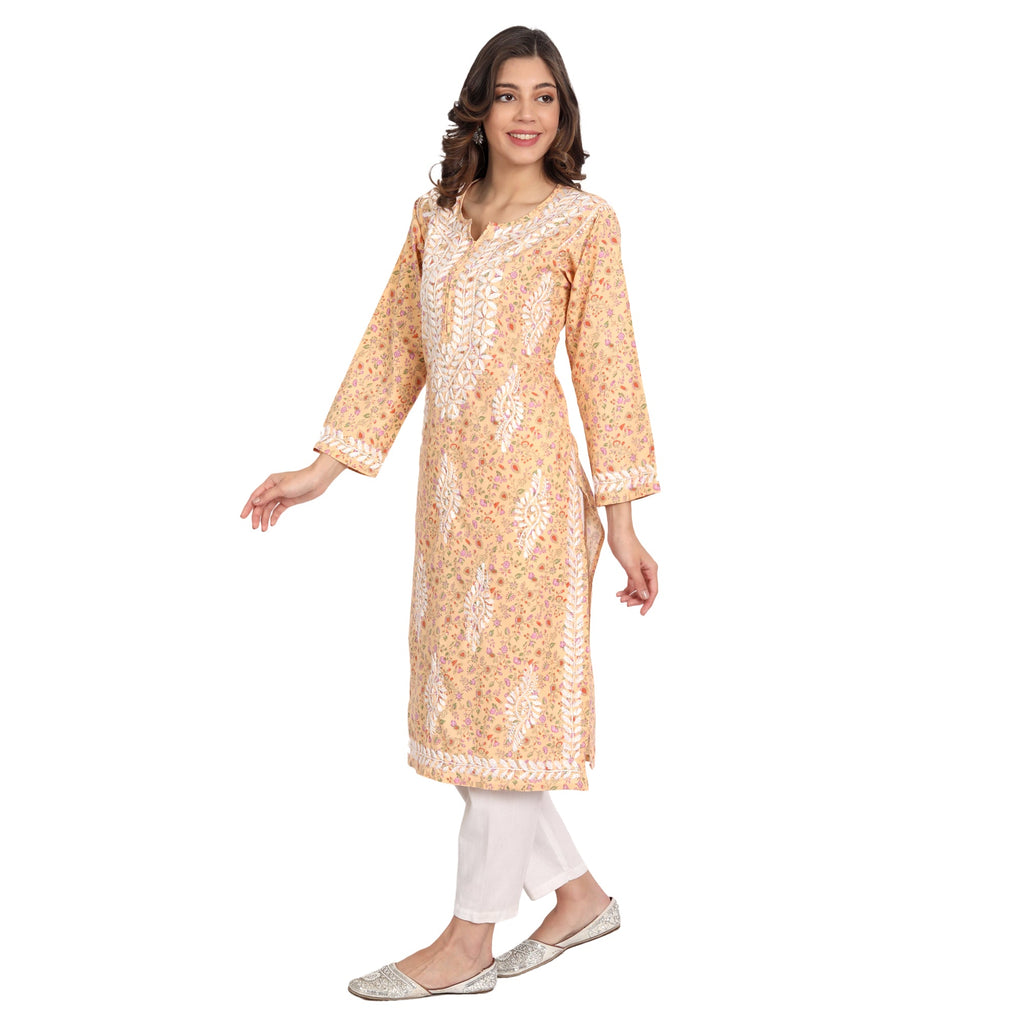 Lucknow Chikankari Hand Embroidered Long Kurta Cotton - Indiankala4u