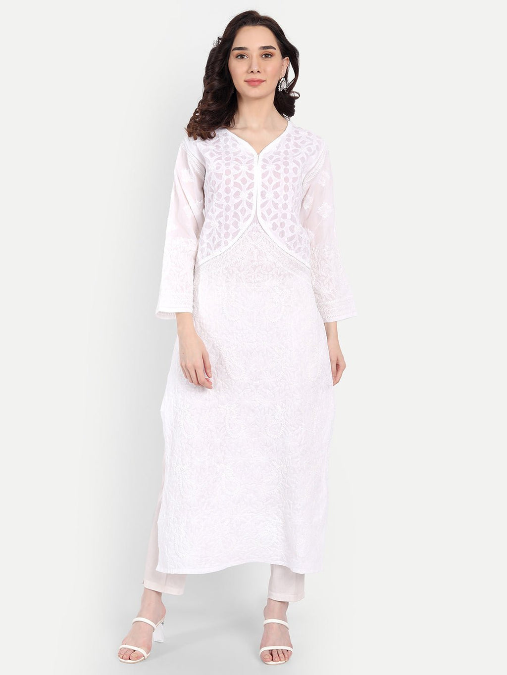 Lucknow Chikankari Hand Embroidered Long Kurta Cotton - Indiankala4u