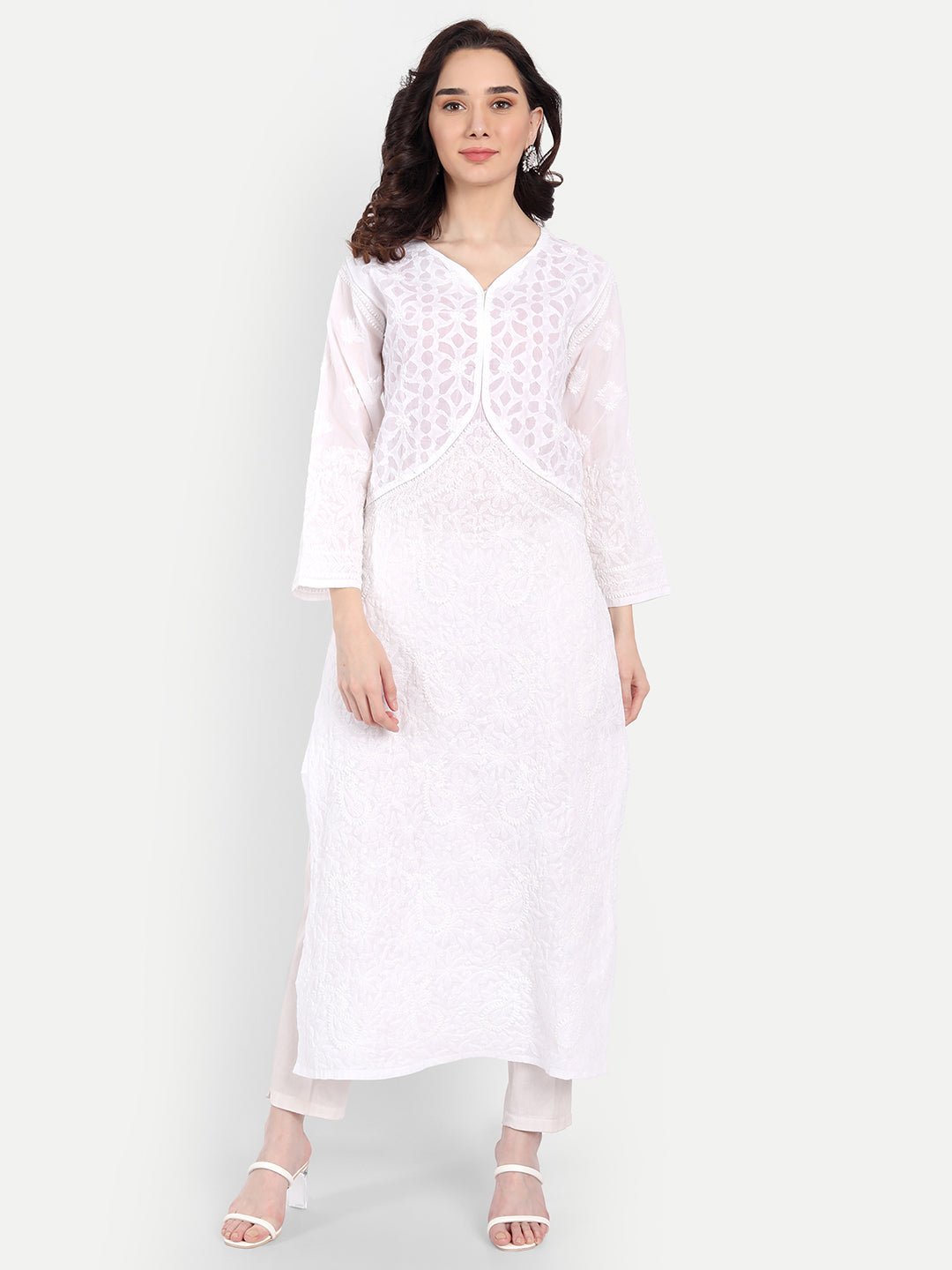 Lucknow Chikankari Hand Embroidered Long Kurta Cotton - Indiankala4u
