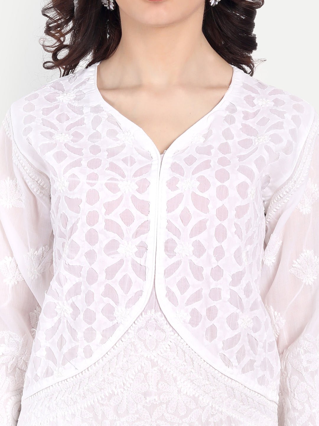 Lucknow Chikankari Hand Embroidered Long Kurta Cotton - Indiankala4u