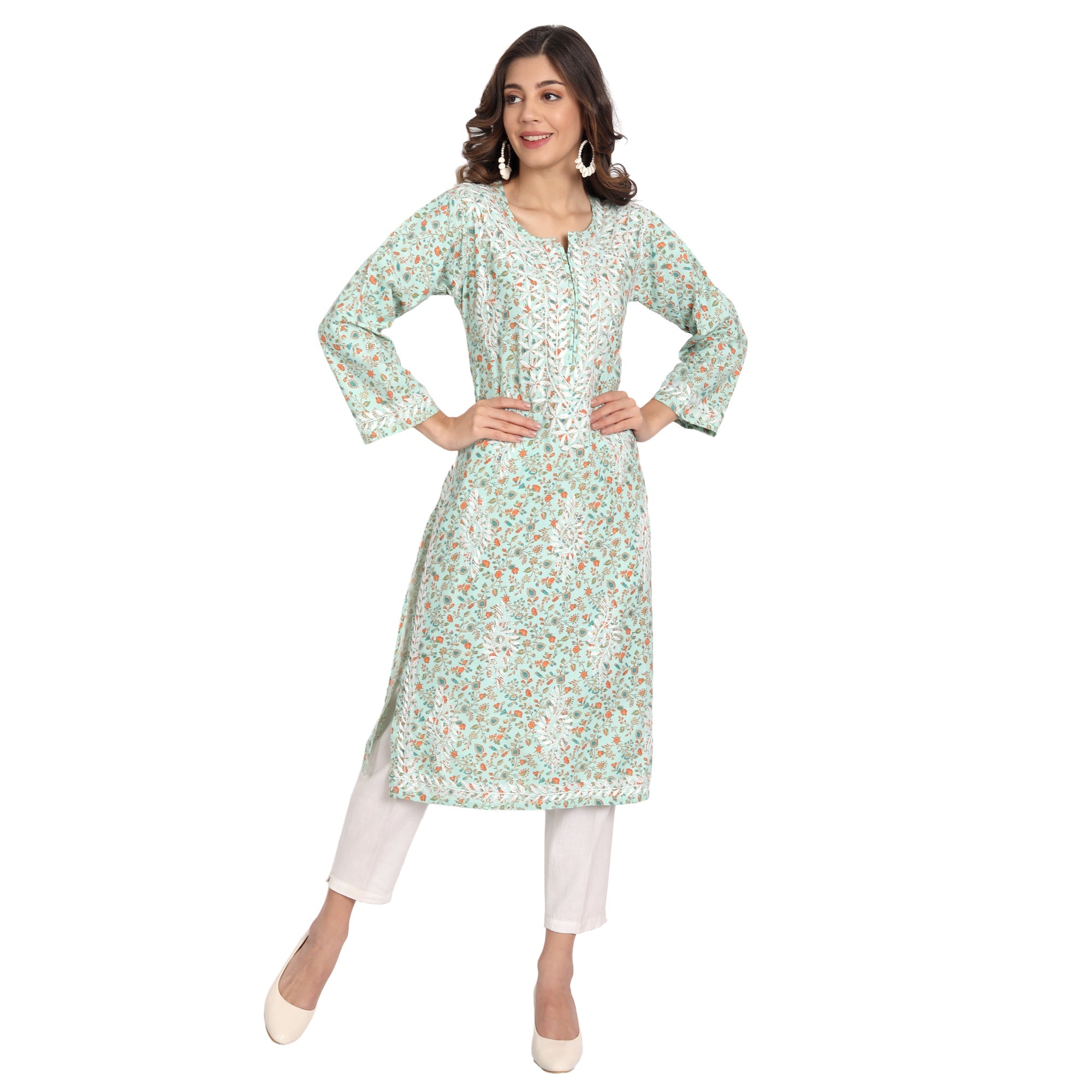 Lucknow Chikankari Hand Embroidered Long Kurta Cotton - Indiankala4u