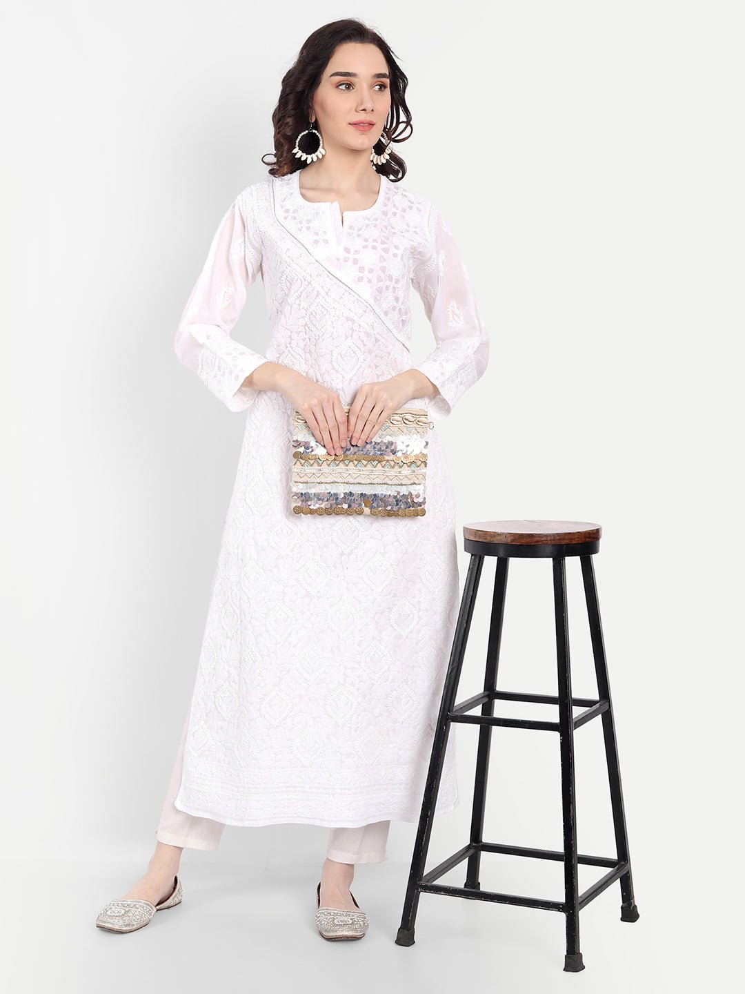 Lucknow Chikankari Hand Embroidered Long Kurta Cotton - Indiankala4u