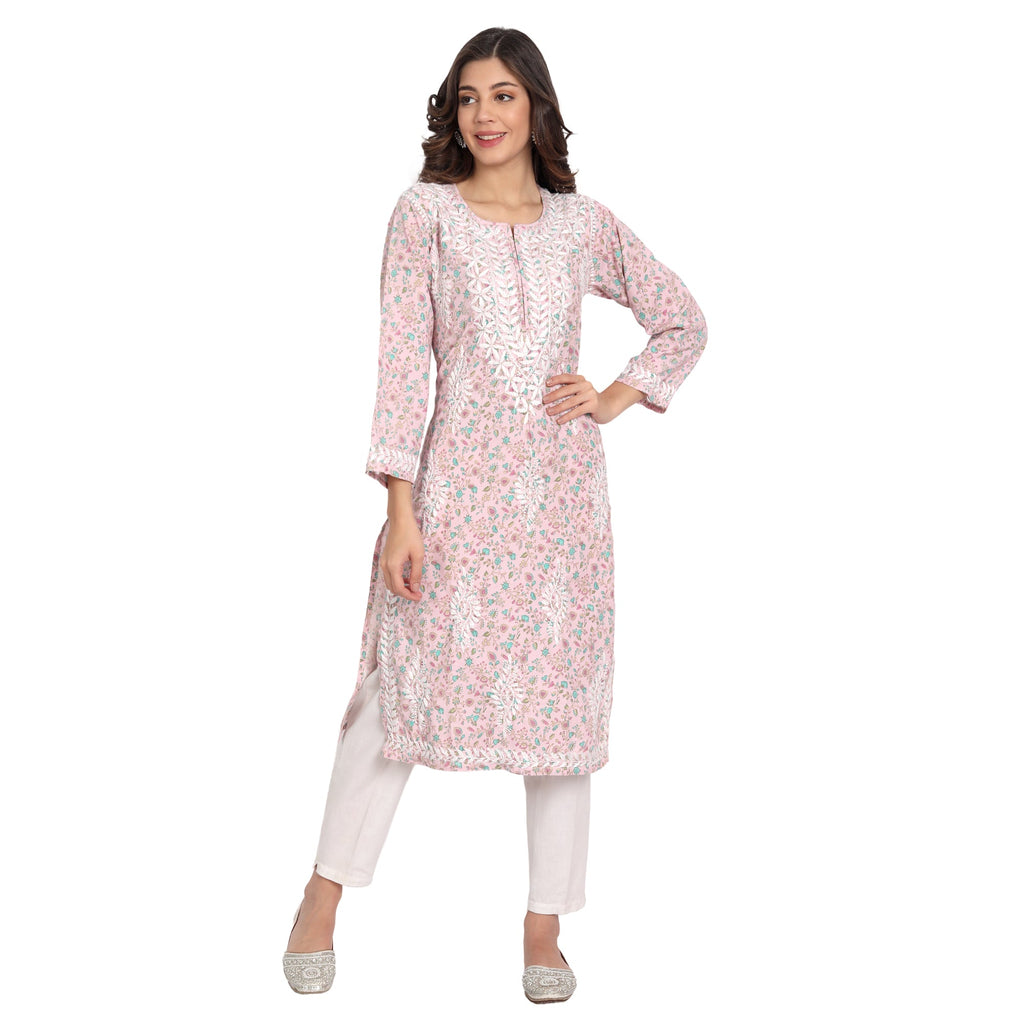 Lucknow Chikankari Hand Embroidered Long Kurta Cotton - Indiankala4u