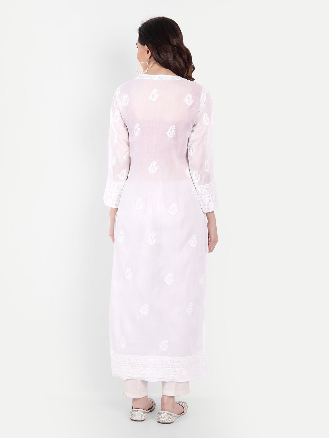 Lucknow Chikankari Hand Embroidered Long Kurta Cotton - Indiankala4u