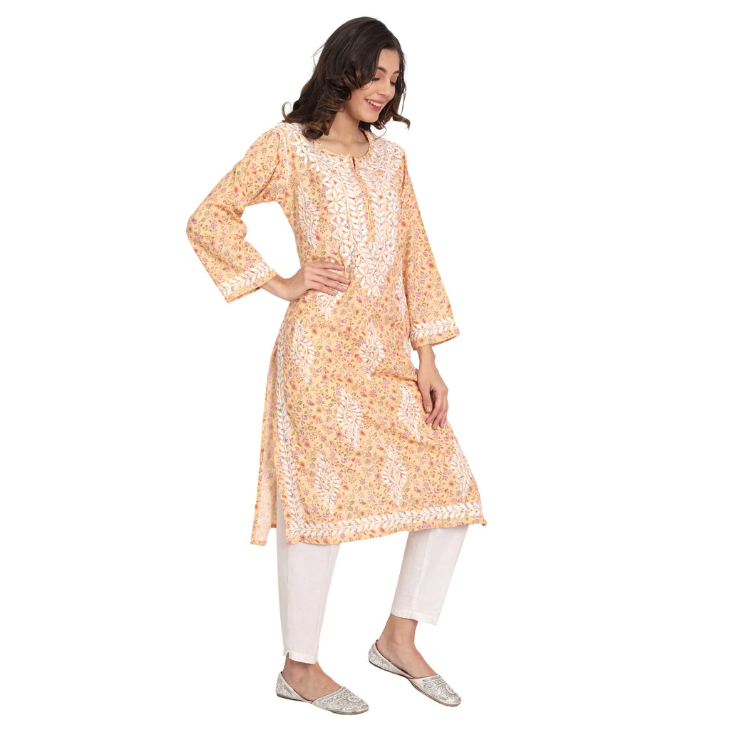 Lucknow Chikankari Hand Embroidered Long Kurta Cotton - Indiankala4u