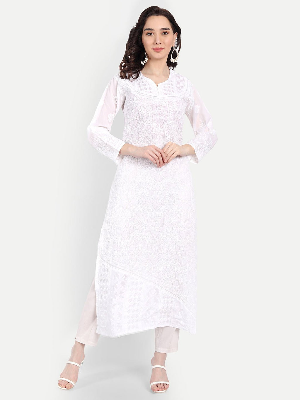 Lucknow Chikankari Hand Embroidered Long Kurta Cotton - Indiankala4u