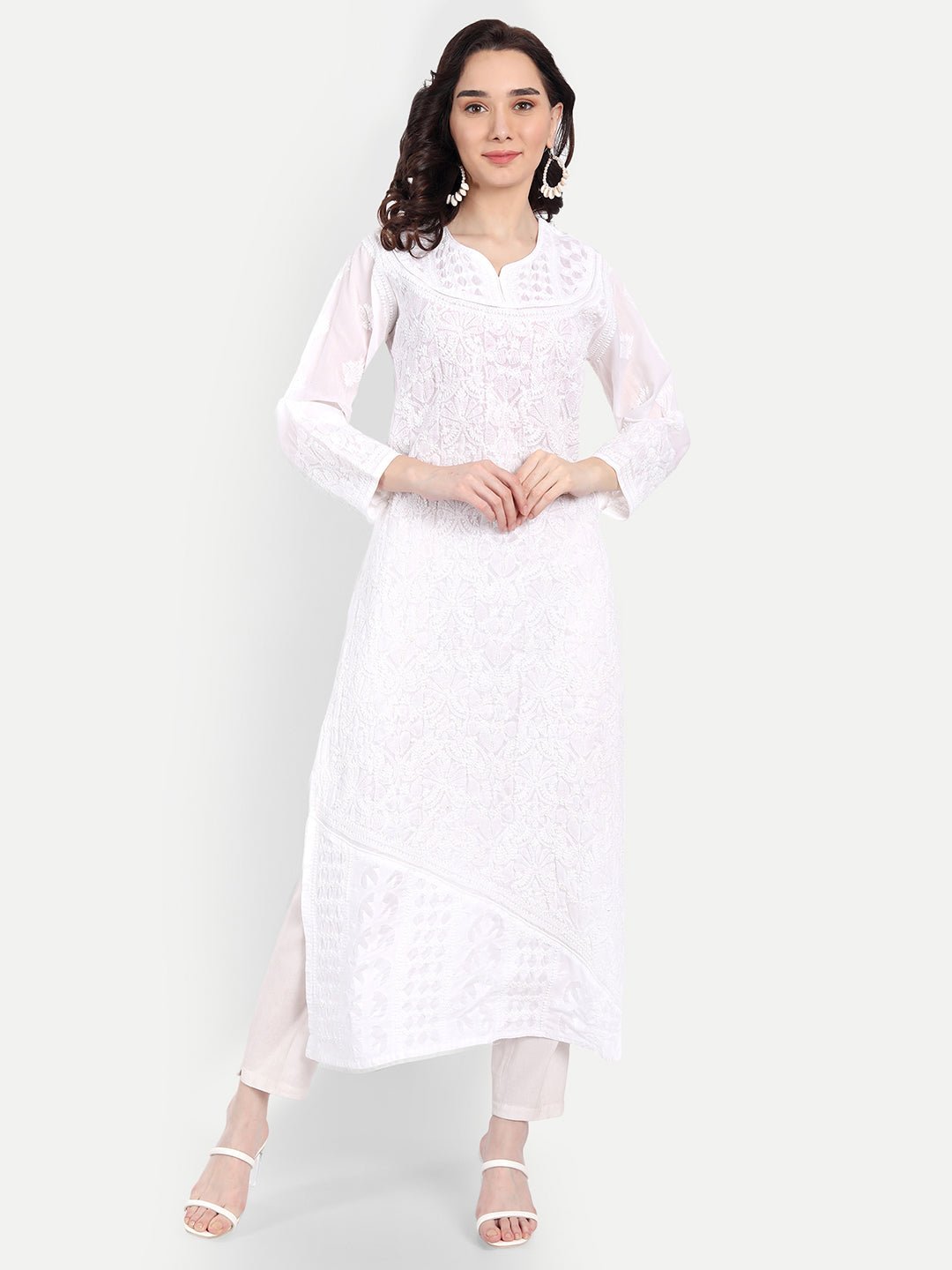 Lucknow Chikankari Hand Embroidered Long Kurta Cotton - Indiankala4u