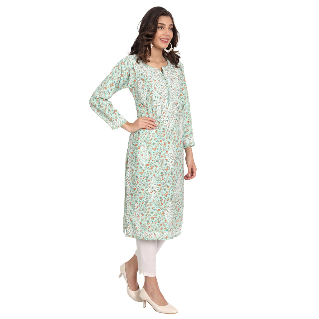 Lucknow Chikankari Hand Embroidered Long Kurta Cotton - Indiankala4u