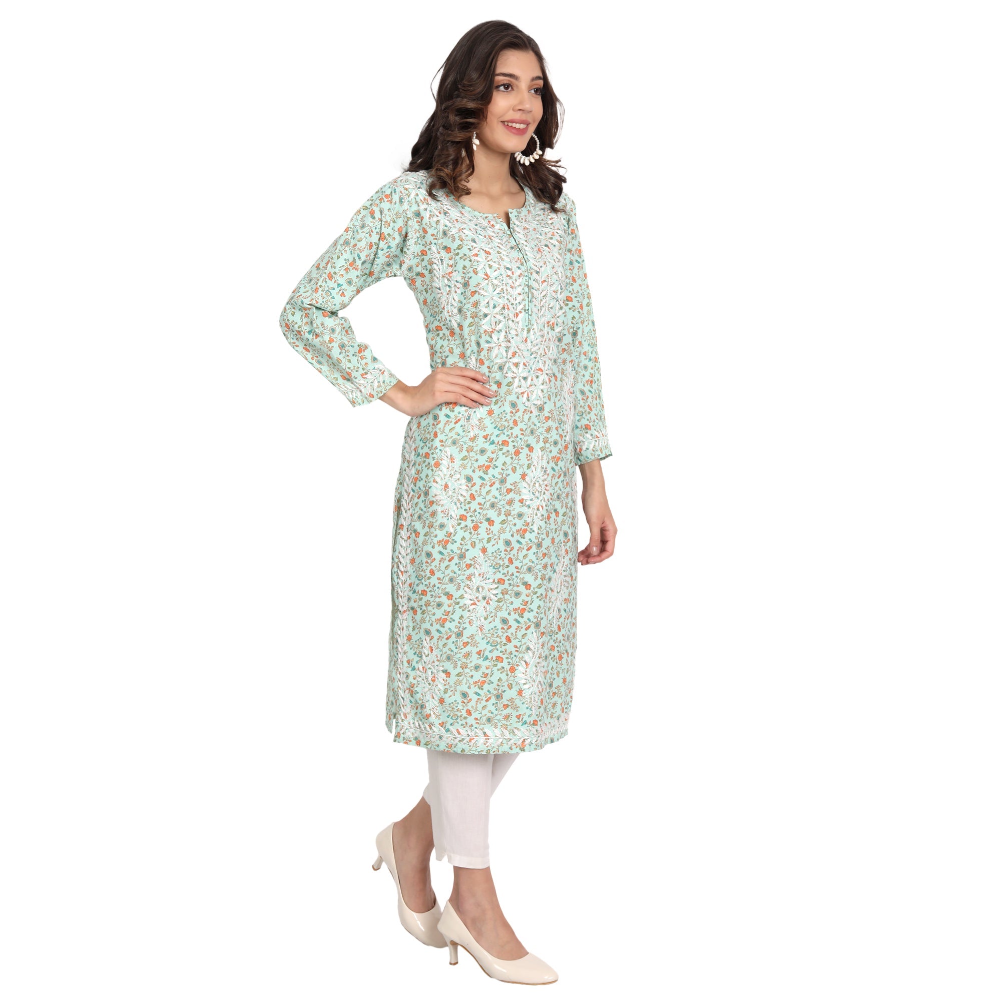 Lucknow Chikankari Hand Embroidered Long Kurta Cotton - Indiankala4u