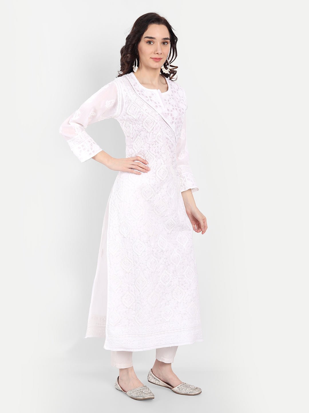 Lucknow Chikankari Hand Embroidered Long Kurta Cotton - Indiankala4u
