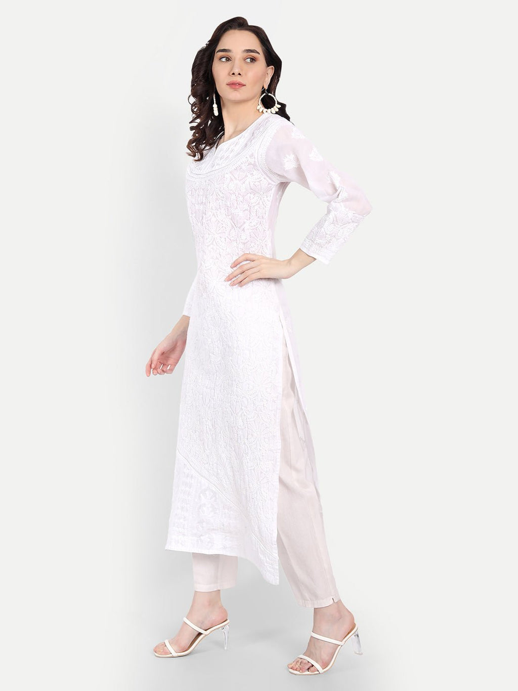 Lucknow Chikankari Hand Embroidered Long Kurta Cotton - Indiankala4u