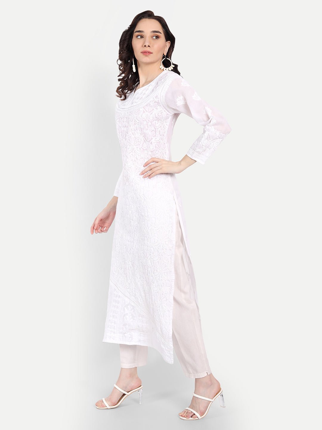 Lucknow Chikankari Hand Embroidered Long Kurta Cotton - Indiankala4u