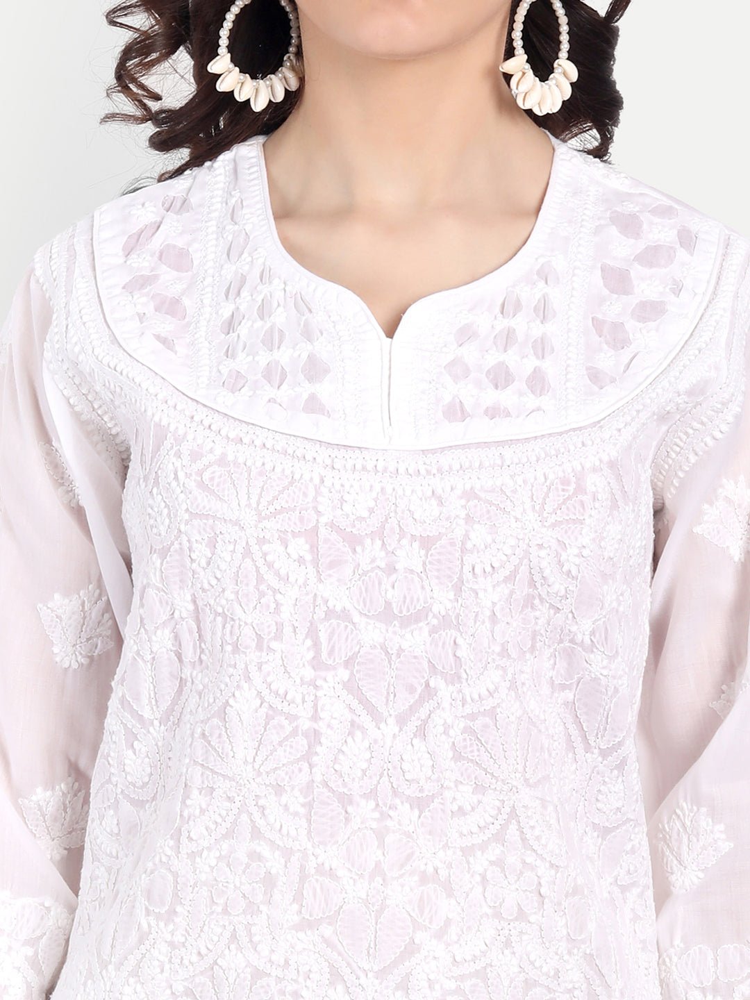 Lucknow Chikankari Hand Embroidered Long Kurta Cotton - Indiankala4u