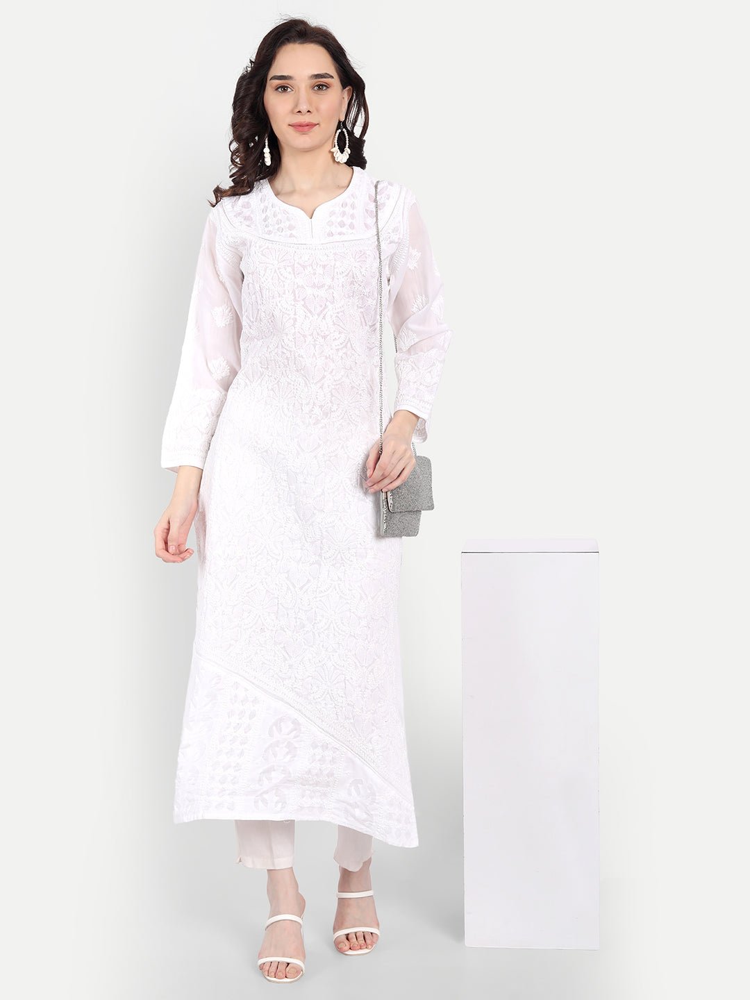 Lucknow Chikankari Hand Embroidered Long Kurta Cotton - Indiankala4u
