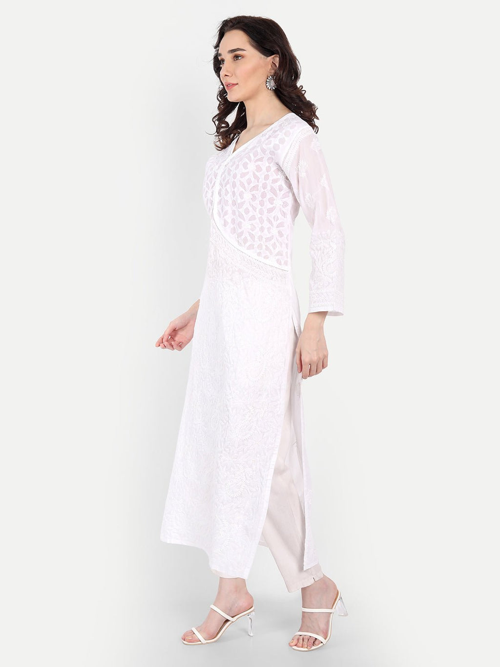 Lucknow Chikankari Hand Embroidered Long Kurta Cotton - Indiankala4u
