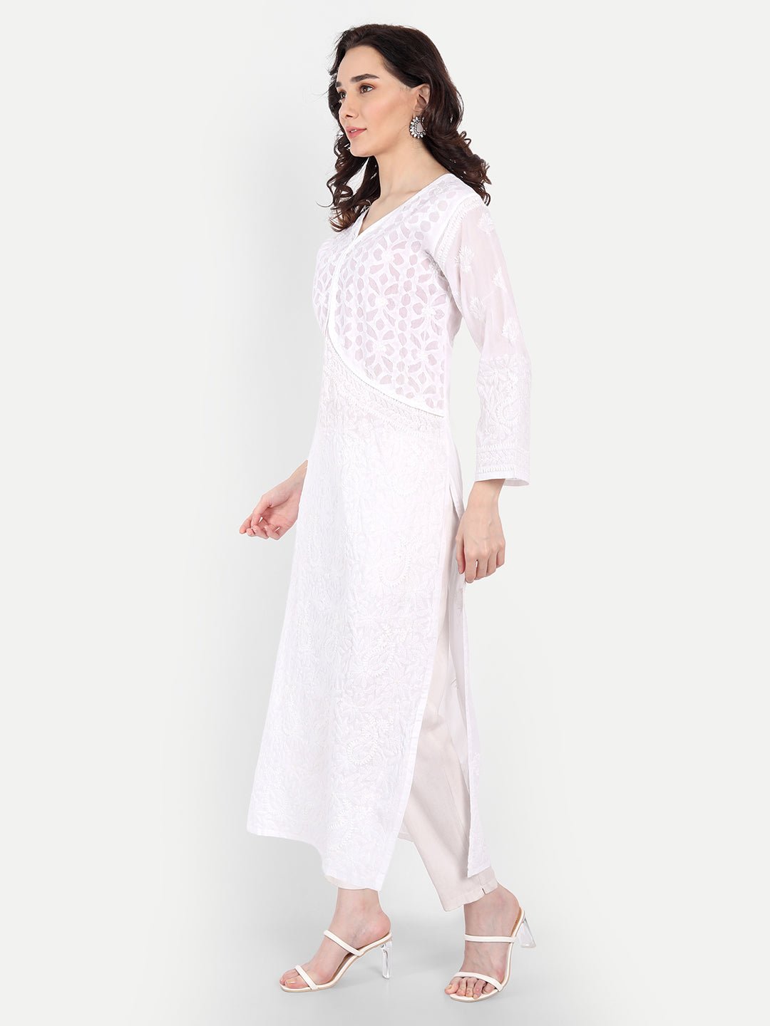 Lucknow Chikankari Hand Embroidered Long Kurta Cotton - Indiankala4u