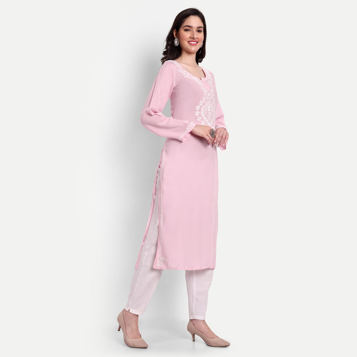 Lucknow Chikankari Hand Embroidered Long kurta Modal Cotton - Indiankala4u