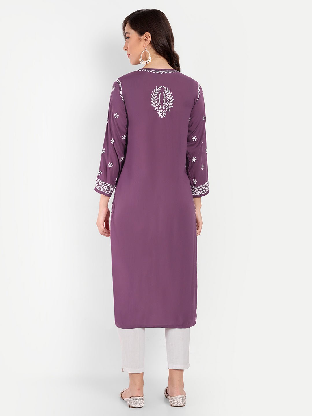 Lucknow Chikankari Hand Embroidered Long kurta Modal Cotton - Indiankala4u