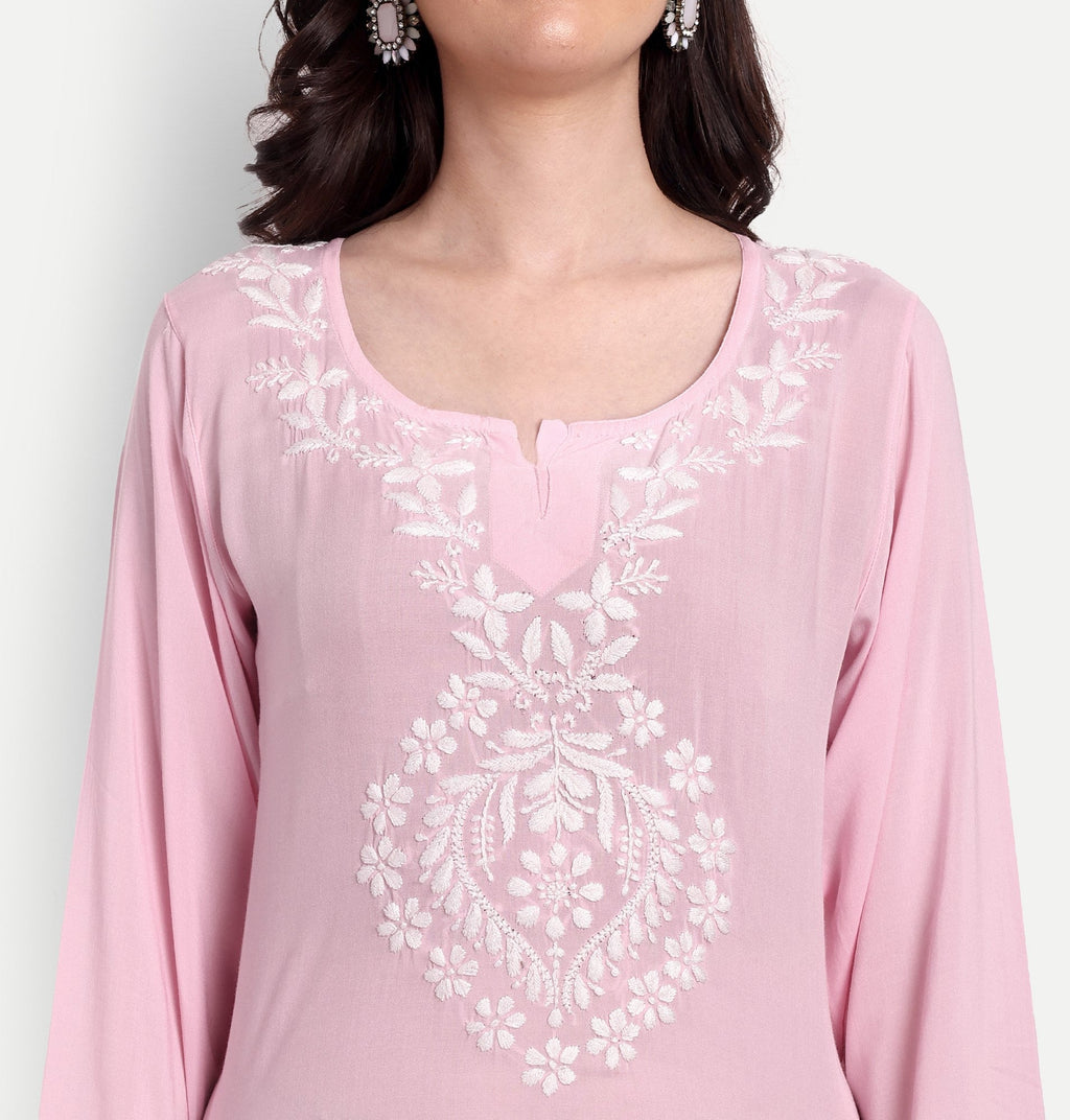 Lucknow Chikankari Hand Embroidered Long kurta Modal Cotton - Indiankala4u