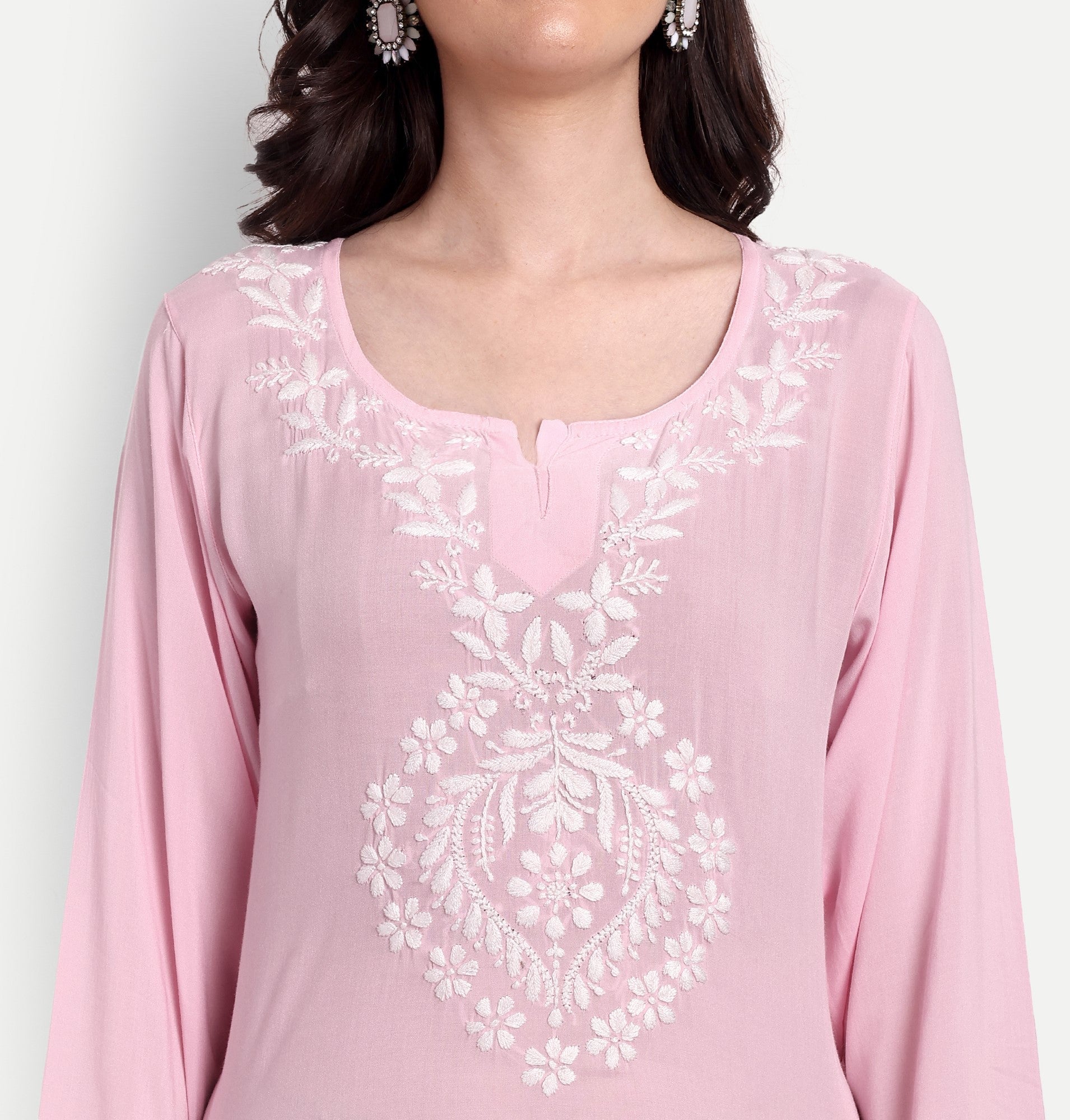 Lucknow Chikankari Hand Embroidered Long kurta Modal Cotton - Indiankala4u