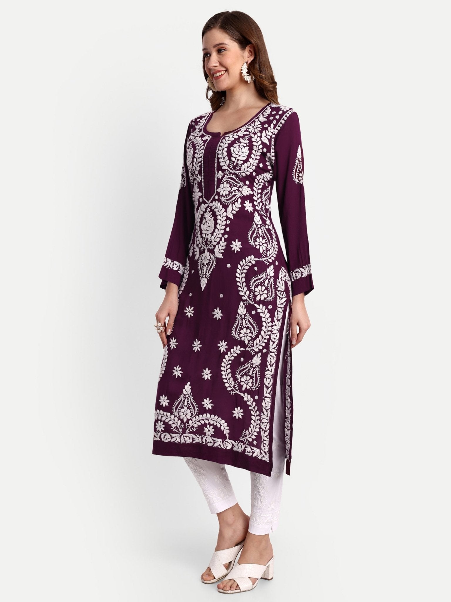 Lucknow Chikankari Hand Embroidered Long kurta Modal Cotton - Indiankala4u