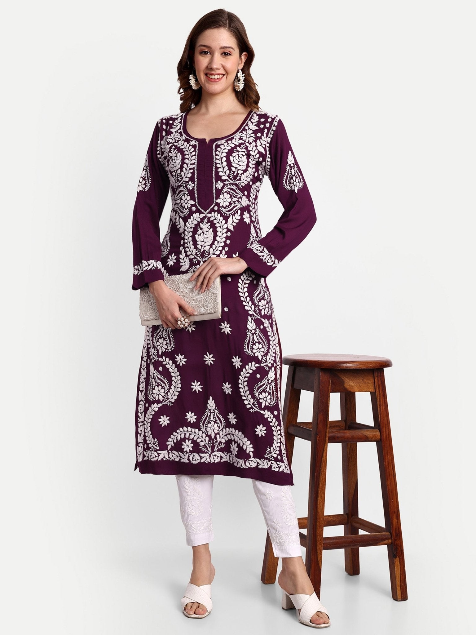 Lucknow Chikankari Hand Embroidered Long kurta Modal Cotton - Indiankala4u