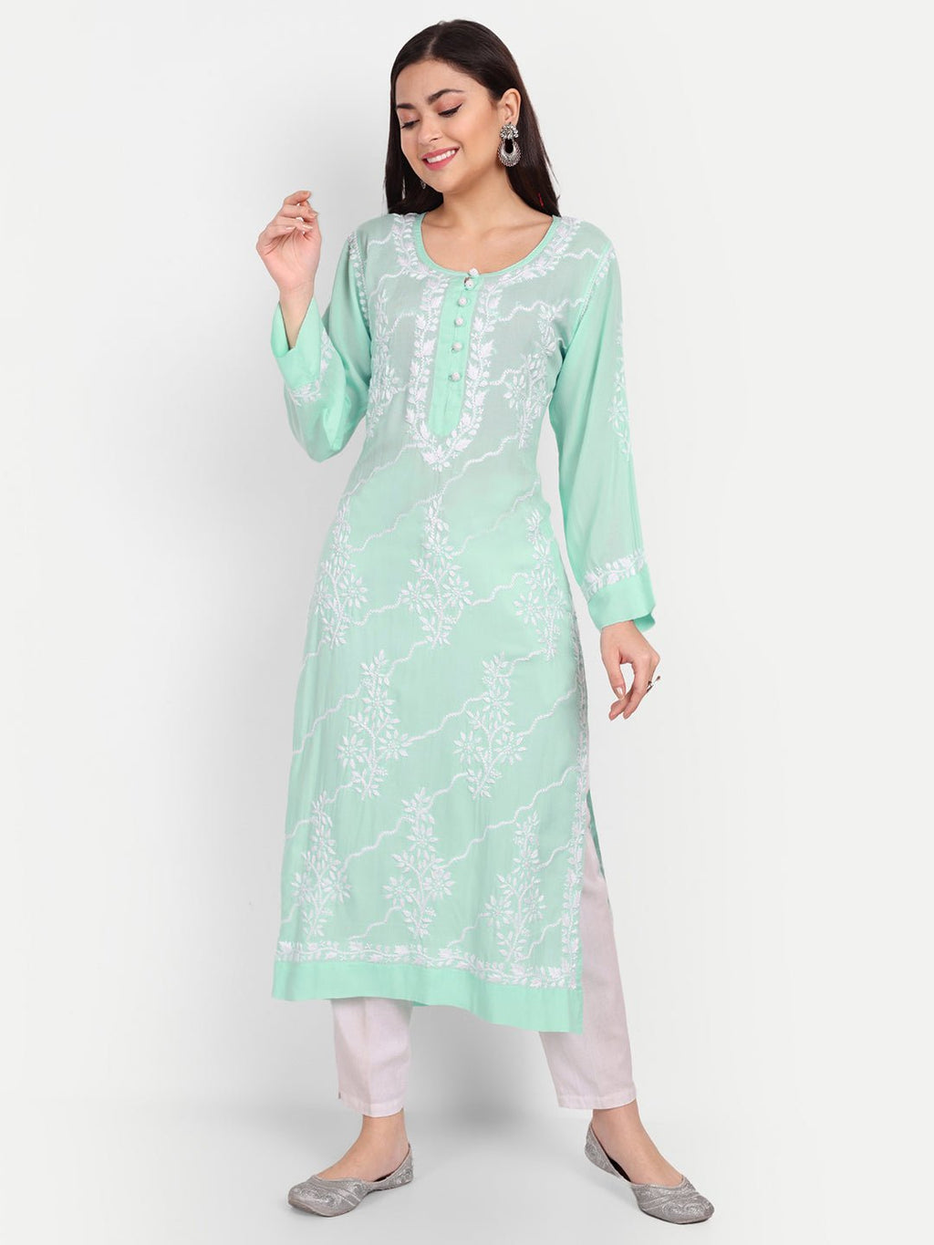 Lucknow Chikankari Hand Embroidered Long kurta Modal Cotton - Indiankala4u
