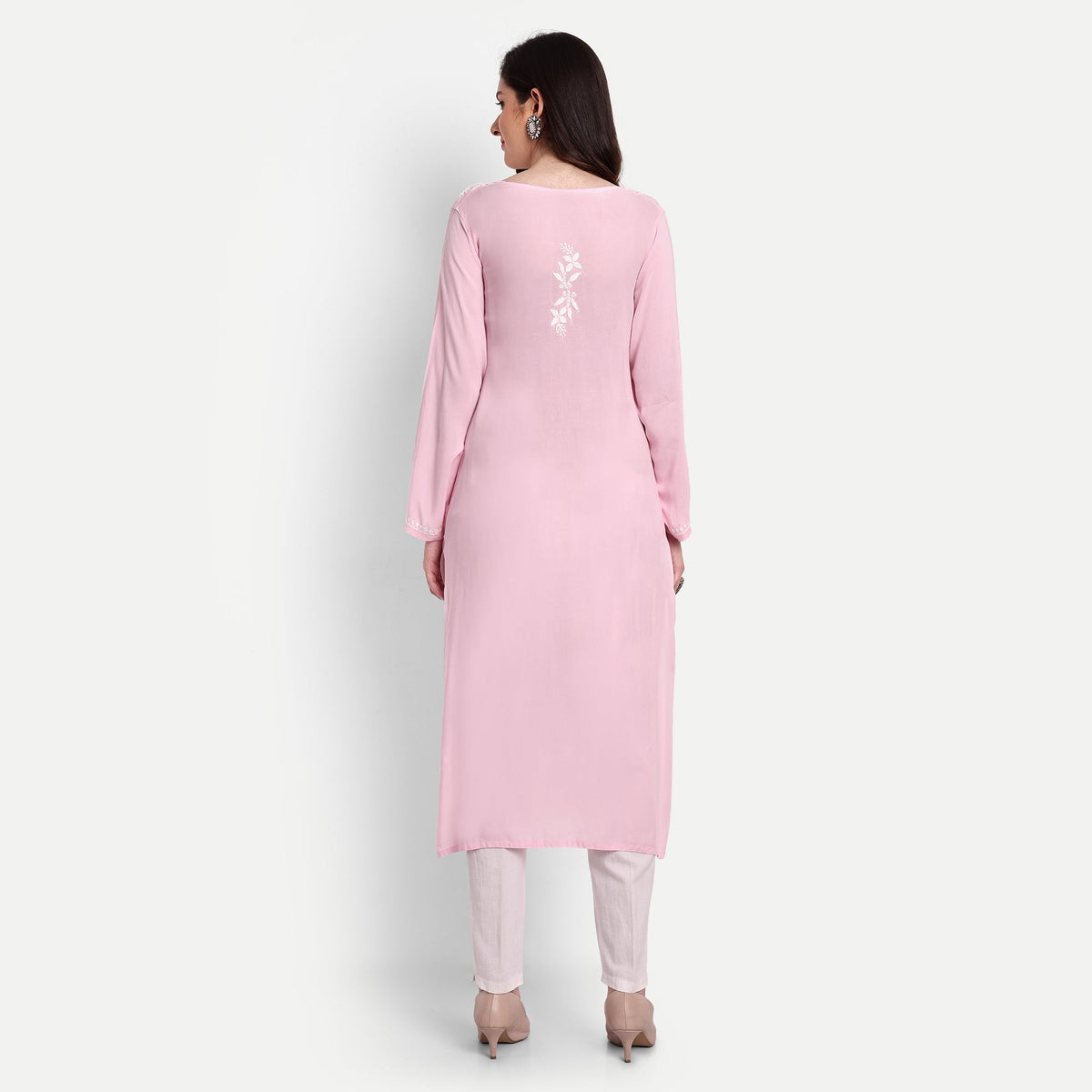 Lucknow Chikankari Hand Embroidered Long kurta Modal Cotton - Indiankala4u